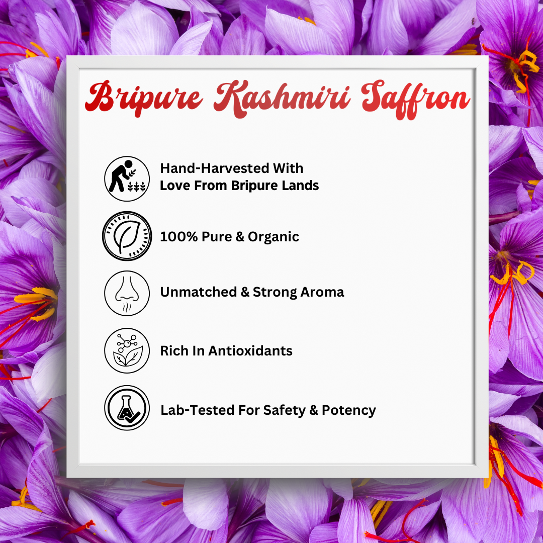 Bripure Orignal Pure Kashmiri Saffron/Kesar/Zafran/Kumkuma Puvvu,(1gm),| Certified Highest Grade A++ | For Pregnant Women , Food Aroma & Taste , Pooja Rituals